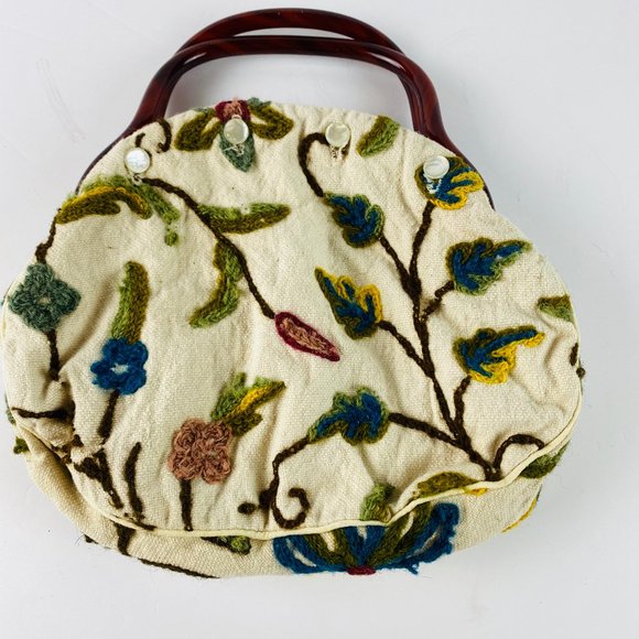 Handmade Small Satchel Tote Embroidery Floral Pear - Picture 1 of 8